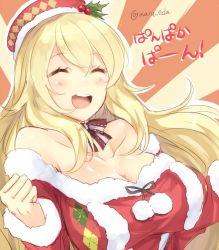 Rule 34 | 10s, 1girl, :d, ^ ^, alternate costume, argyle, atago (kancolle), bare shoulders, blonde hair, blush, bow, breasts, christmas, cleavage, closed eyes, collarbone, fur trim, hat, jpeg artifacts, kantai collection, large breasts, long hair, maruki (punchiki), off shoulder, one-hour drawing challenge, open mouth, pan-pa-ka-paaan!, santa costume, smile, solo, sunburst, tongue, twitter username, upper body