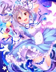Rule 34 | 10s, 1girl, aireenhp, angel wings, blush, crown, frills, gloves, heart, idolmaster, idolmaster cinderella girls, jewelry, kanzaki ranko, necklace, open mouth, puffy sleeves, red eyes, short hair, short sleeves, silver hair, solo, star (symbol), thighhighs, tiara, twintails, wand, white thighhighs, wings