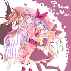 Rule 34 | 4girls, bad id, bad pixiv id, barefoot, bat wings, black legwear, blonde hair, blue hair, blush, bow, dress, female focus, flandre scarlet, hat, hat bow, head wings, heart, holding hands, koakuma, long hair, mani2340, multiple girls, patchouli knowledge, pointy ears, purple eyes, purple hair, red eyes, red hair, remilia scarlet, side ponytail, skirt, smile, striped clothes, striped dress, thighhighs, touhou, wings, yuri