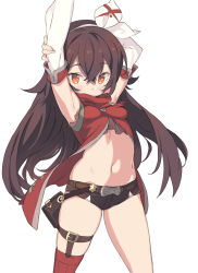 Rule 34 | 1girl, amber (genshin impact), arm behind head, armpits, arms up, bare shoulders, blade (galaxist), breasts, brown eyes, brown hair, brown shorts, commentary request, detached sleeves, genshin impact, hair between eyes, hair ribbon, hairband, highres, jacket, long hair, long sleeves, looking at viewer, navel, open clothes, open jacket, red jacket, red thighhighs, ribbon, short shorts, shorts, simple background, single thighhigh, skindentation, sleeveless, sleeveless jacket, small breasts, solo, standing, thighhighs, very long hair, white background, white hairband, white ribbon, white sleeves