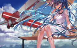 Rule 34 | 10s, 1girl, 2016, aircraft, airplane, azomo, biplane, blue eyes, blue hair, cloud, day, dress, floating hair, hat, hatsune miku, highres, long hair, looking at viewer, matching hair/eyes, propeller, sitting, sky, solo, straw hat, vehicle, very long hair, vocaloid
