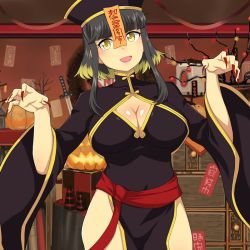Rule 34 | 1girl, black hair, book, book stack, bookshelf, breasts, challengia, cleavage, eyebrows, halloween, halloween costume, hat, jiangshi, jiangshi costume, large breasts, multicolored hair, nail polish, nchans, nchans style, official art, open mouth, orcaleon, red nails, short hair, talisman, varchan, yellow eyes