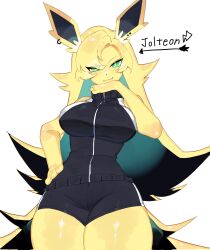 Rule 34 | animal ears, black hair, blonde hair, breasts, creatures (company), ear piercing, fang, furry, furry female, game freak, gen 1 pokemon, green eyes, green hair, hand on own hip, head on hand, highres, jolteon, large breasts, long hair, looking at viewer, multicolored hair, nintendo, piercing, pokemon, pokemon (creature), smirk, spiked hair, sportswear, thick thighs, thighs, togetoge, very long hair, wide hips