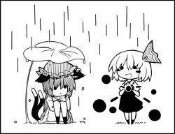 Rule 34 | 2girls, :d, animal ears, bad id, bad pixiv id, bow, cat ears, cat tail, chen, chibi, demekyon, earrings, greyscale, hair bow, hat, jewelry, leaf umbrella, mob cap, monochrome, multiple girls, multiple tails, nekomata, open mouth, rain, rumia, short hair, short sleeves, single earring, smile, solid circle eyes, tail, touhou, two tails