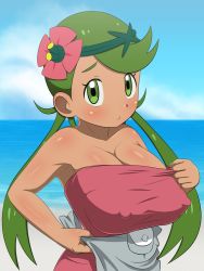 Rule 34 | 1girl, alternate breast size, apron, apron aside, bad id, bad pixiv id, bare shoulders, beach, blue sky, blush, breasts, cleavage, closed mouth, clothes pull, cloud, covered erect nipples, creatures (company), dark-skinned female, dark skin, day, flower, flower on head, game freak, green hair, hair flower, hair ornament, highres, large breasts, looking at viewer, mallow (pokemon), nintendo, ocean, outdoors, pink shirt, pokemon, pokemon sm, pout, shirt, shirt pull, sky, sleeveless, sleeveless shirt, solo, swept bangs, trial captain, twintails