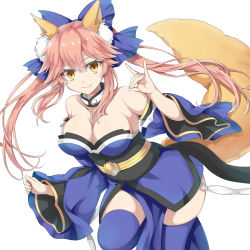 Rule 34 | 1girl, animal ears, blue bow, blue kimono, blue sleeves, blue thighhighs, bow, breasts, choker, cleavage, closed mouth, collarbone, detached sleeves, fate/extra, fate/extra ccc, fate (series), floating hair, fox ears, fox shadow puppet, fox tail, hair between eyes, hair bow, japanese clothes, kimono, large breasts, leg up, long hair, long sleeves, looking at viewer, pink hair, side slit, simple background, smile, solo, standing, standing on one leg, strapless, tail, tamamo (fate), tamamo no mae (fate/extra), thighhighs, tm-pika, very long hair, white background, yellow eyes
