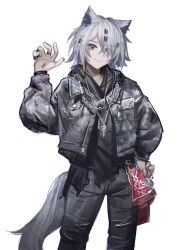 Rule 34 | 1girl, alternate costume, alternate hairstyle, ambience synesthesia, animal ears, arknights, black jacket, black nails, black pants, black shirt, blue eyes, chain, cowboy shot, eyes visible through hair, grey hair, hair ornament, hair over one eye, hairclip, hand on own hip, highres, jacket, jewelry, lappland (arknights), liangban xiexu, long sleeves, looking at viewer, necklace, pants, ring, shirt, short hair, simple background, smile, solo, standing, tail, tomboy, white background, wolf ears, wolf girl, wolf tail