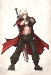 Rule 34 | ankle boots, bare pectorals, black gloves, blue eyes, boots, coat, dante (devil may cry), devil may cry, devil may cry (series), devil may cry 3, dual wielding, ebony (devil may cry), fingerless gloves, gloves, gun, handgun, highres, holding, holding gun, holding weapon, ironlily, ivory (devil may cry), long coat, muscular, muscular male, open clothes, open coat, pants, pectorals, rebellion (sword), red coat, smirk, sword, weapon, weapon on back, white hair