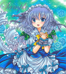 Rule 34 | 1girl, :d, apron, black ribbon, blue background, blue eyes, blue flower, blue skirt, blue theme, blue vest, bow, bowtie, cowboy shot, floral background, flower, frilled apron, frilled shirt collar, frilled skirt, frills, green background, hair ribbon, izayoi sakuya, looking at viewer, maid, maid headdress, marker (medium), medium hair, open mouth, puffy short sleeves, puffy sleeves, purple hair, ribbon, rui (sugar3), sample watermark, shirt, short sleeves, skirt, skirt set, smile, solo, touhou, traditional media, vest, waist apron, watermark, white apron, white shirt, wrist cuffs, yellow bow, yellow bowtie