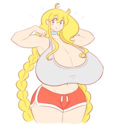 Rule 34 | 1girl, blonde hair, breasts, cassie (theycallhimcake), cleavage, flexing, gigantic breasts, long hair, original, shaved armpits, solo, theycallhimcake, thick thighs, thighs