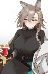 Rule 34 | 1girl, animal ears, arknights, blush, braid, brown hair, cup, dress, drinking glass, drunk, earrings, extra ears, gradient background, highres, holding, holding cup, jacket, jamg336, jewelry, long hair, looking at viewer, mole above eye, mole on forehead, official alternate costume, penance (arknights), penance (occasionally flushed) (arknights), solo, squeans, turtleneck, turtleneck dress, twitter username, white jacket, wolf ears, wolf girl, yellow eyes