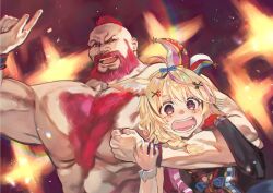 Rule 34 | 1boy, 1girl, animal ears, beard, black hair, blonde hair, brown hair, chest hair, facial hair, fox ears, fox girl, grey nails, highres, hololive, large pectorals, looking at viewer, mohawk, multicolored hair, muscular, muscular male, omaru polka, omaru polka (1st costume), open mouth, otsudou, pectorals, pink hair, pink nails, short hair, smile, streaked hair, street fighter, street fighter 6, virtual youtuber, wristband, zangief