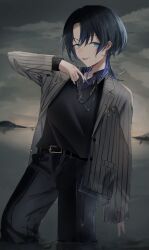 Rule 34 | 1girl, absurdres, akebisousaku, androgynous, black nails, black pants, black sky, black sweater, blue eyes, blue hair, blue shirt, collared shirt, dark blue hair, earclip, formal, grey jacket, highres, hiodoshi ao, hololive, hololive dev is, jacket, jewelry, long sleeves, looking at viewer, nail polish, necklace, pants, partially submerged, shirt, short hair, sky, solo, standing, striped clothes, striped jacket, suit, sweater, tongue, tongue out, vertical-striped clothes, vertical-striped jacket, virtual youtuber, water, wet, wet clothes