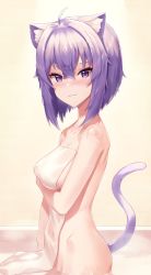 Rule 34 | 1girl, absurdres, animal ears, bare shoulders, bath, bathing, breasts, cat ears, cat girl, cat tail, closed mouth, covering privates, crossed bangs, eyebrows hidden by hair, from side, hair between eyes, highres, hololive, looking at viewer, naked towel, nekomata okayu, nude cover, purple eyes, purple hair, short hair, small breasts, smile, solo, standing, tail, tail raised, towel, virtual youtuber, wet, woogi (duguddnr)