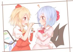 Rule 34 | 2girls, ?, ascot, bat wings, black wings, blonde hair, blue hair, blush, brooch, commentary request, crossed arms, crystal, flandre scarlet, food, from side, jewelry, long hair, long sleeves, multiple girls, open mouth, pink shirt, pocky, pointy ears, puffy sleeves, red ascot, red eyes, red skirt, red vest, remilia scarlet, sakurea, shirt, siblings, sisters, skirt, skirt set, smile, touhou, upper body, vest, white shirt, wings, yellow ascot