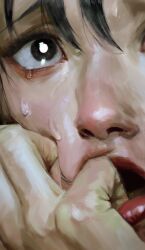 Rule 34 | 1girl, absurdres, black eyes, black hair, chainsaw man, close-up, crying, crying with eyes open, hand on own face, hand up, higashiyama kobeni, highres, niri (eunhaha02), open mouth, scared, solo, sweat, tears, upper body