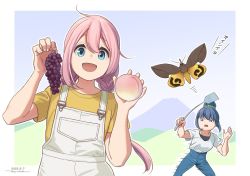 Rule 34 | 2girls, :d, apricot (fruit), blue eyes, blue hair, blue pants, braid, bug, dated, flyswatter, food, fruit, grapes, hair bun, highres, holding, holding food, holding fruit, horikou, insect, kagamihara nadeshiko, long hair, looking at viewer, moth, multiple girls, open mouth, overalls, pants, pink hair, purple eyes, shima rin, shirt, signature, single hair bun, smile, square mouth, twin braids, twintails, undershirt, white overalls, white shirt, wide sleeves, yellow shirt, yurucamp