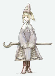 Rule 34 | 1009, androgynous, blonde hair, boots, final fantasy, final fantasy tactics, full body, gender request, green eyes, hat, robe, simple background, solo, staff, time mage, time mage (fft)