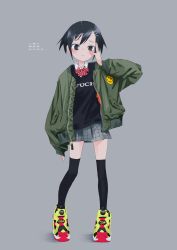Rule 34 | 1girl, absurdres, bad id, bad twitter id, black eyes, black hair, black thighhighs, closed mouth, full body, gishiki (gshk), green jacket, grey background, grey skirt, hair ornament, hairclip, hand up, highres, jacket, long sleeves, looking at viewer, miniskirt, open clothes, open jacket, original, pleated skirt, profanity, reebok, shoes, short hair, simple background, skirt, smiley face, solo, thighhighs, zettai ryouiki