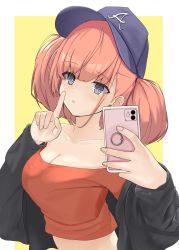 Rule 34 | 1girl, absurdres, alternate costume, atlanta (kancolle), atlanta braves, baseball cap, black jacket, blue hat, border, breasts, brown hair, cellphone, cleavage, commentary request, disuto, grey eyes, hat, highres, index finger raised, jacket, kantai collection, large breasts, long hair, looking at viewer, major league baseball, name connection, object namesake, off-shoulder shirt, off shoulder, orange shirt, parted lips, phone, shirt, solo, two-tone background, two side up, upper body, white border, yellow background