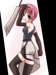 Rule 34 | 00s, 1girl, bladed tonfa, elbow gloves, frapowa, gloves, lyrical nanoha, magical girl, mahou shoujo lyrical nanoha, mahou shoujo lyrical nanoha strikers, schach nouera, solo, thighhighs, tonfa, waist cape, weapon, windenschaft