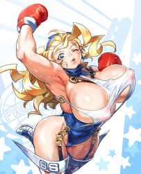 Rule 34 | 1girl, armpits, bandana, blonde hair, blue eyes, blue leotard, blush, bouncing breasts, boxing gloves, breasts, covered erect nipples, covered navel, earrings, gradient background, highleg, highleg leotard, highres, huge breasts, jewelry, justice gakuen, leotard, long hair, nipples, norbon, o-ring, one eye closed, open mouth, ponytail, punching, shiny skin, shiritsu justice gakuen, shoes, sneakers, solo, standing, star (symbol), star earrings, suspenders, thick thighs, thighhighs, thighs, tiffany lords, underboob, white background, wink