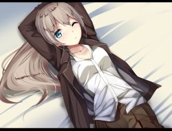 Rule 34 | 10s, 1girl, arms up, blazer, blue eyes, breasts, brown hair, brown skirt, buttons, collarbone, heavens thunder (byakuya-part2), jacket, kantai collection, kumano (kancolle), letterboxed, long hair, looking at viewer, lying, medium breasts, on back, one eye closed, open jacket, open clothes, open jacket, ponytail, school uniform, shirt, skirt, solo, white shirt