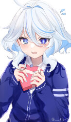 Rule 34 | 1girl, @ @, absurdres, ahoge, alternate costume, bandaid, bandaid on hand, blue cardigan, blue eyes, blue hair, blue nails, blue shirt, blush, box, buttons, cardigan, collared shirt, commentary request, dot nose, drop-shaped pupils, embarrassed, flying sweatdrops, furina (genshin impact), genshin impact, gift, hair between eyes, hair intakes, heart, heart-shaped box, heterochromia, highres, holding, holding gift, light blue hair, long sleeves, looking at viewer, multicolored hair, nervous, nervous smile, nervous sweating, open mouth, rinmel9, shirt, smile, solo, streaked hair, sweat, sweatdrop, symbol-shaped pupils, twitter username, valentine, wavy mouth, white hair
