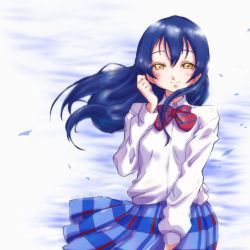 Rule 34 | 1girl, artist name, artist request, bare legs, blue hair, blue skirt, blush, bow, bowtie, breasts, brown eyes, checkered clothes, checkered skirt, cloud, collared shirt, female focus, floating hair, hair between eyes, half-closed eyes, highres, long hair, looking at viewer, love live!, love live! school idol project, miniskirt, otonokizaka school uniform, outdoors, parted lips, plaid, plaid skirt, pleated, pleated skirt, red bow, school uniform, shirt, short sleeves, skirt, sky, small breasts, smile, solo, sonoda umi, striped, striped bow, wavy hair, white shirt, wing collar, yellow eyes