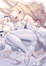 Rule 34 | 1girl, :d, absurdres, animal ear fluff, animal ears, ass, bare shoulders, bird, blonde hair, blue archive, blush, breasts, byx, chinese commentary, commentary request, detached sleeves, dress, extra ears, forehead, fox ears, fox girl, full body, highres, long hair, long sleeves, looking at viewer, lying, no shoes, on side, open mouth, panties, panties under pantyhose, pantyhose, parted lips, red eyes, seia (blue archive), sleeveless, sleeveless dress, sleeves past fingers, sleeves past wrists, small breasts, smile, soles, solo, steam, striped clothes, striped pantyhose, toes, underwear, vertical-striped clothes, vertical-striped pantyhose, wavy hair, white dress, white panties, white pantyhose