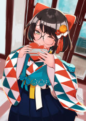 Rule 34 | 1girl, absurdres, asymmetrical bangs, blue capelet, blue eyes, blue skirt, bow, box, brown hair, capelet, flower, gift, gift box, glasses, hair bow, hair flower, hair ornament, hakama, hakama skirt, heart, heart-shaped box, highres, hololive, japanese clothes, kimono, looking at viewer, misono denpachi, multicolored clothes, multicolored kimono, oozora subaru, oozora subaru (new year), parted bangs, pleated skirt, red bow, short hair, skirt, smile, solo, tears, uroko (pattern), virtual youtuber, wide sleeves