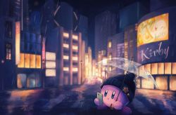Rule 34 | blue eyes, building, cellphone, character name, commentary request, hat, holding, holding phone, holding umbrella, juice, kirby, kirby (series), lamppost, male focus, night, nintendo, open mouth, orange juice, outdoors, phone, rain, road, see-through, sidewalk, solo, street, umbrella, vul3hl0smteyk1z, waddle dee