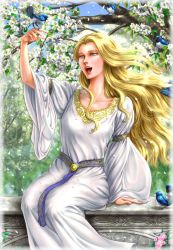 Rule 34 | 1girl, bad id, bad pixiv id, bird, blonde hair, blue eyes, dress, flower, idril celebrindal, kamehame, tolkien&#039;s legendarium, long hair, middle earth, open mouth, outdoors, sitting, solo, the lord of the rings, the silmarillion, tree, white dress