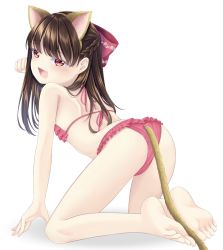 Rule 34 | 1girl, animal ears, ass, barefoot, bikini, blush, brown hair, cat ears, fake animal ears, fake tail, fang, feet, highres, long hair, looking at viewer, open mouth, paw pose, red eyes, soles, swimsuit, tail, toes