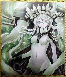 Rule 34 | 10s, 1girl, abyssal ship, black gloves, breasts, cannon, cape, fangs, female focus, gloves, green eyes, groin, hat, kantai collection, long hair, looking at viewer, marker (medium), mosho, navel, painting (medium), shikishi, silver hair, solo, tentacles, traditional media, wo-class aircraft carrier