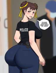 Rule 34 | 1girl, absurdres, alternate costume, ass, ass focus, breasts, brown eyes, brown hair, capcom, chun-li, coldarsenal, double bun, from behind, hair bun, hair ribbon, highres, huge ass, large breasts, looking at viewer, looking back, open mouth, pants, ribbon, shiny clothes, shiny skin, short hair, sideboob, solo, street fighter, thick thighs, thighs, tight clothes, tight pants