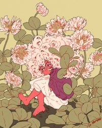 Rule 34 | 1girl, barefoot, blush, capelet, closed mouth, curly hair, dark-skinned female, dark skin, dot mouth, dress, flower, from side, full body, grass, green background, hair between eyes, high collar, hugging own legs, knees to chest, knees up, leaf, leg up, long hair, looking at viewer, looking to the side, mini person, minigirl, muted color, nose blush, official art, outdoors, plant, purple capelet, purple eyes, rii abrego, signature, sitting, solo, tareme, the sprite and the gardener, white dress, white flower, white hair, wisteria (the sprite and the gardener)