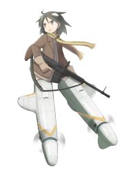 Rule 34 | 10s, 1girl, animal ears, bandage on face, bandages, black eyes, black hair, brave witches, brown gloves, dog ears, full body, gloves, gun, holding, holding gun, holding weapon, jacket, kanno naoe, kinosaki (green patio), long sleeves, open mouth, short hair, simple background, solo, strike witches, striker unit, trigger discipline, weapon, white background, world witches series