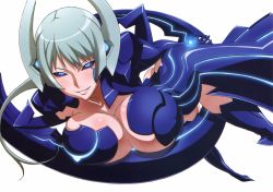 Rule 34 | 00s, 1girl, absurdres, armor, bikini armor, black sclera, blue eyes, breasts, colored sclera, cover, dvd cover, highres, huge breasts, scan, silver hair, smile, solo, tsuzuki shiori, uno makoto, witchblade