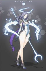 Rule 34 | 1girl, armor, artist name, bare legs, black gloves, blue eyes, breasts, cleavage, cleavage cutout, closed mouth, clothing cutout, earrings, elbow gloves, floating, glasses, gloves, glowing, highres, hong soon-jae, horns, jewelry, journey to the west, leotard, light purple hair, long hair, original, pauldrons, pink lips, polearm, purple hair, round eyewear, shoulder armor, small breasts, smile, solo, spear, standing, weapon