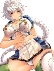 Rule 34 | 10s, 1girl, aaru (tenrake chaya), arm behind back, braid, braided ponytail, breasts, brown eyes, cleavage, cloud print, crop top, cum, cum on body, cum on upper body, green thighhighs, hair ornament, hand on own stomach, kantai collection, large breasts, long hair, looking at viewer, looking down, midriff, miniskirt, pussy juice, pussy juice trail, silver hair, single braid, skirt, solo, thighhighs, thighs, unryuu (kancolle), very long hair, wavy hair