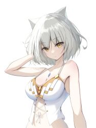 Rule 34 | 1girl, animal ears, bare arms, bare shoulders, breasts, cat ears, cat girl, chest jewel, cleavage, core crystal (xenoblade), expressionless, grey hair, highres, large breasts, looking at viewer, medium breasts, mio (xenoblade), navel, okazu2010015, short hair, simple background, solo, stomach, swimsuit, white background, xenoblade chronicles (series), xenoblade chronicles 3, yellow eyes