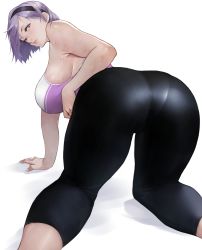 Rule 34 | 1girl, absurdres, all fours, arm support, ass, bare shoulders, black pants, blush, breasts, from behind, hairband, highres, large breasts, lips, looking at viewer, looking back, mature female, original, pants, pantylines, purple eyes, purple hair, purple sports bra, revision, short hair, simple background, solo, sports bra, sportswear, sweat, thighs, tight clothes, tight pants, yoga pants, yoshio (55level)