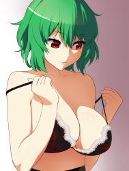 Rule 34 | 1girl, black bra, bra, breasts, cleavage, collarbone, green hair, kazami yuuka, lace, lace-trimmed bra, lace trim, large breasts, mattari yufi, red eyes, short hair, solo, strap pull, touhou, underwear, underwear only, undressing, upper body