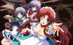 Rule 34 | 3girls, alternate costume, apron, aqua eyes, bat wings, blue eyes, blush, bow, braid, breasts, choker, cleavage, enmaided, female focus, forehead, foreshortening, grey hair, hair bow, highres, hong meiling, izayoi sakuya, large breasts, long hair, maid, maid apron, maid headdress, multiple girls, open mouth, outstretched hand, paw pose, purple hair, red eyes, red hair, remilia scarlet, short hair, embodiment of scarlet devil, touhou, twin braids, waist apron, wallpaper, wings, wink, yamu (reverse noise)