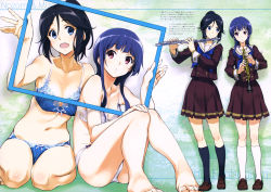Rule 34 | 2girls, absurdres, bare shoulders, barefoot, black hair, black legwear, blue bra, blue eyes, blue hair, blue neckerchief, blue panties, blush, bow, bow bra, bow panties, bra, breasts, brown footwear, brown shirt, brown skirt, cleavage, closed mouth, collarbone, expressionless, flute, hand up, hibike! euphonium, highres, holding, holding instrument, instrument, kasaki nozomi, kitauji high school uniform, knees together feet apart, knees up, kurashima tomoyasu, lingerie, liz to aoi tori, loafers, long hair, long sleeves, looking at another, looking at viewer, midriff, multiple girls, navel, neckerchief, oboe, open mouth, panties, pleated skirt, ponytail, red eyes, sailor collar, school uniform, seiza, serafuku, shirt, shoes, sitting, skirt, small breasts, smile, standing, thighhighs, underwear, white bra, white legwear, white panties, white sailor collar, yoroizuka mizore