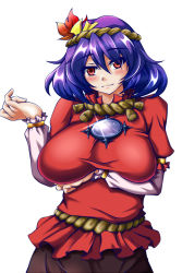 Rule 34 | 1girl, blue hair, blush, breast hold, breasts, commentary request, cowboy shot, eyes visible through hair, frilled shirt, frills, hair ornament, huge breasts, leaf hair ornament, looking at viewer, mirror, pokehiko (nexus009), puffy sleeves, red eyes, rope, shirt, short hair, simple background, skirt, smile, solo, touhou, wavy mouth, white background, yasaka kanako
