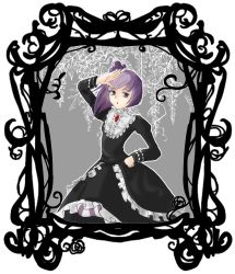 Rule 34 | 1girl, black dress, blackberry cookie, bow, brooch, candle, cookie run, curtain grab, curtains, dress, frills, full body, highres, humanization, jewelry, juliet sleeves, lolita fashion, long hair, long sleeves, looking at viewer, mary janes, petticoat, photoshop (medium), puffy sleeves, purple eyes, purple hair, rissu, shoes, solo, striped legwear, window