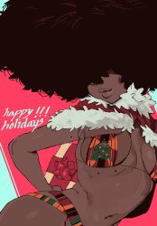 Rule 34 | 1girl, afro, arm behind back, box, breasts, breasts apart, cape, dark-skinned female, dark skin, fur trim, gift, gift box, hair over eyes, happy holidays, highres, large breasts, mole, mole on arm, mole on stomach, navel, original, red background, solo, viv (whoopsatro), whoopsatro