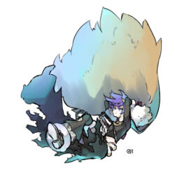 Rule 34 | 1boy, black cape, black pants, black shirt, blue eyes, cape, chain, closed mouth, commentary request, crop top, expressionless, falling, full body, fur cape, kusabi (aighe), looking at viewer, male focus, official alternate costume, pants, purple hair, ragnarok online, shadow chaser (ragnarok online), shirt, short hair, simple background, solo, torn cape, torn clothes, white background